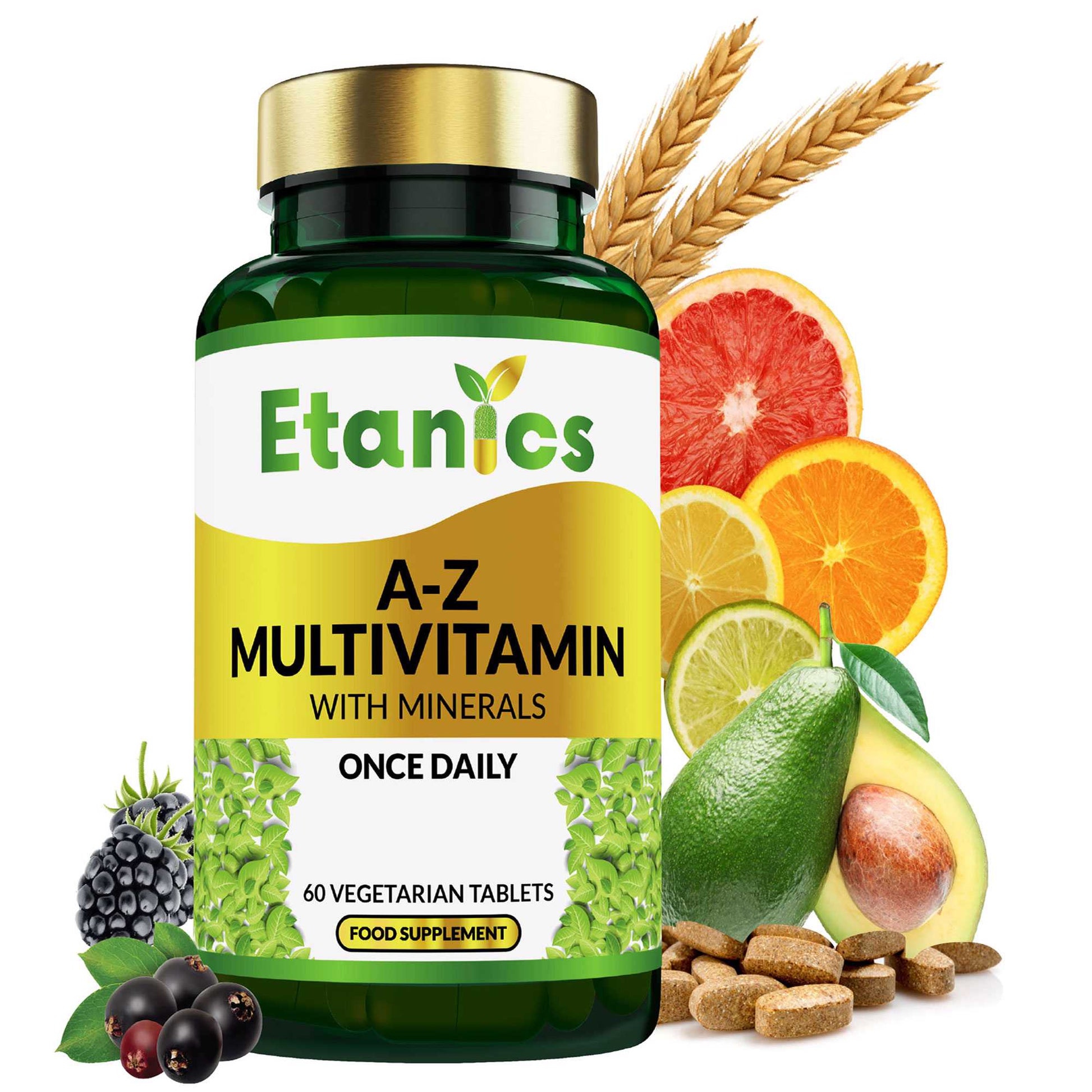 Etanics A-Z Multivitamin Vegetarian Supplement Front with Ingredients