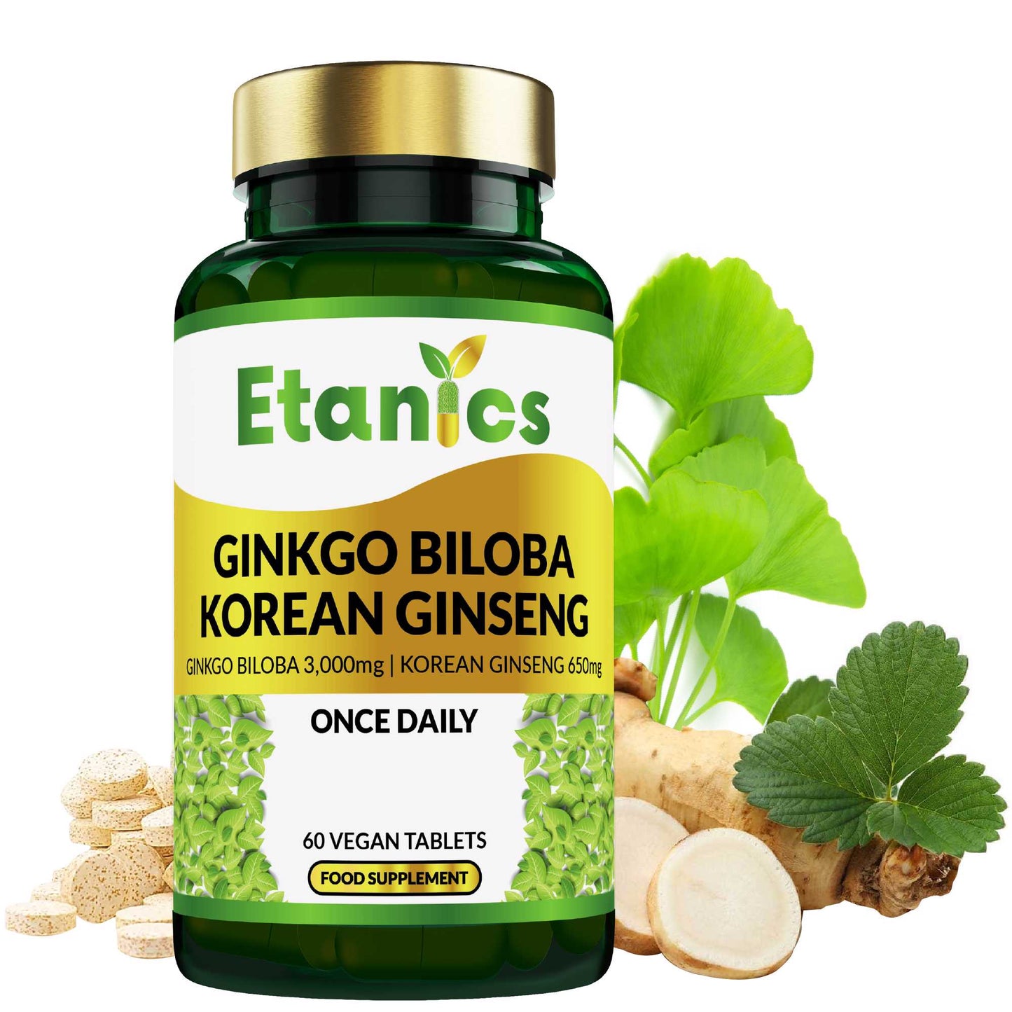 Etanics Ginkgo Biloba and Korean Ginseng Vegan Supplement Front with Ingredients