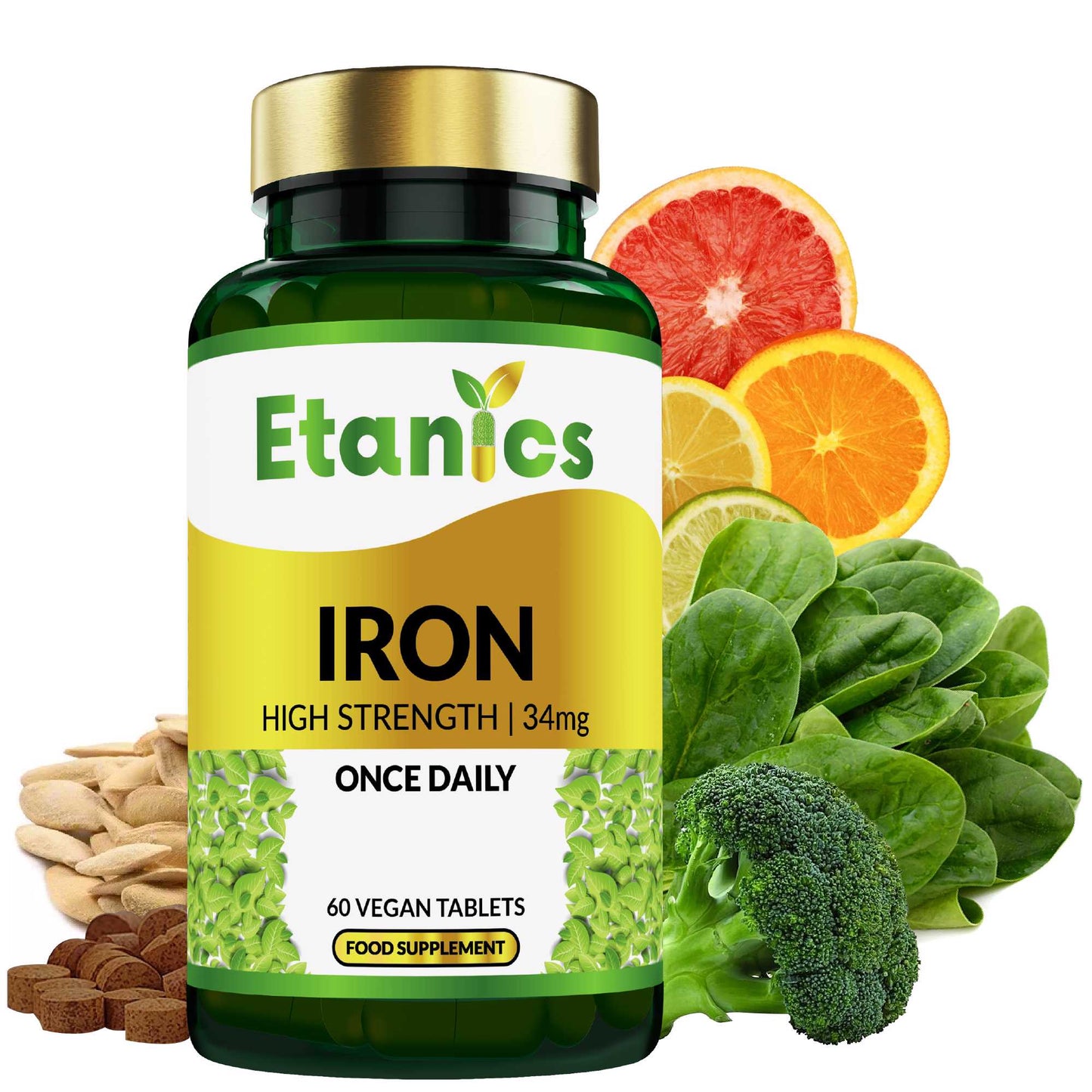 Etanics Iron Vegan Supplement Front with Ingredients