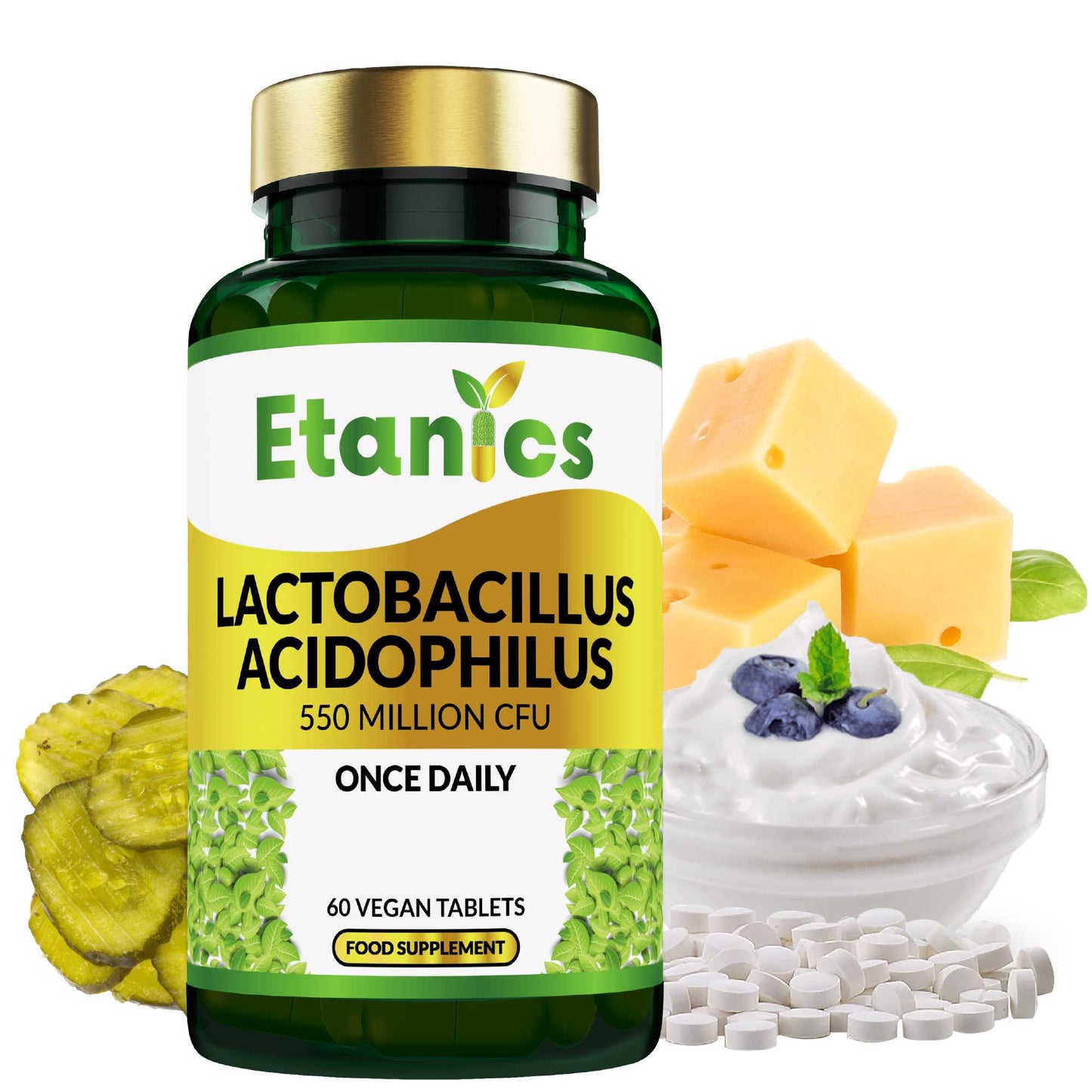 Etanics Lactobacillus Acidophilus Probiotic Supplement Front with Ingredients
