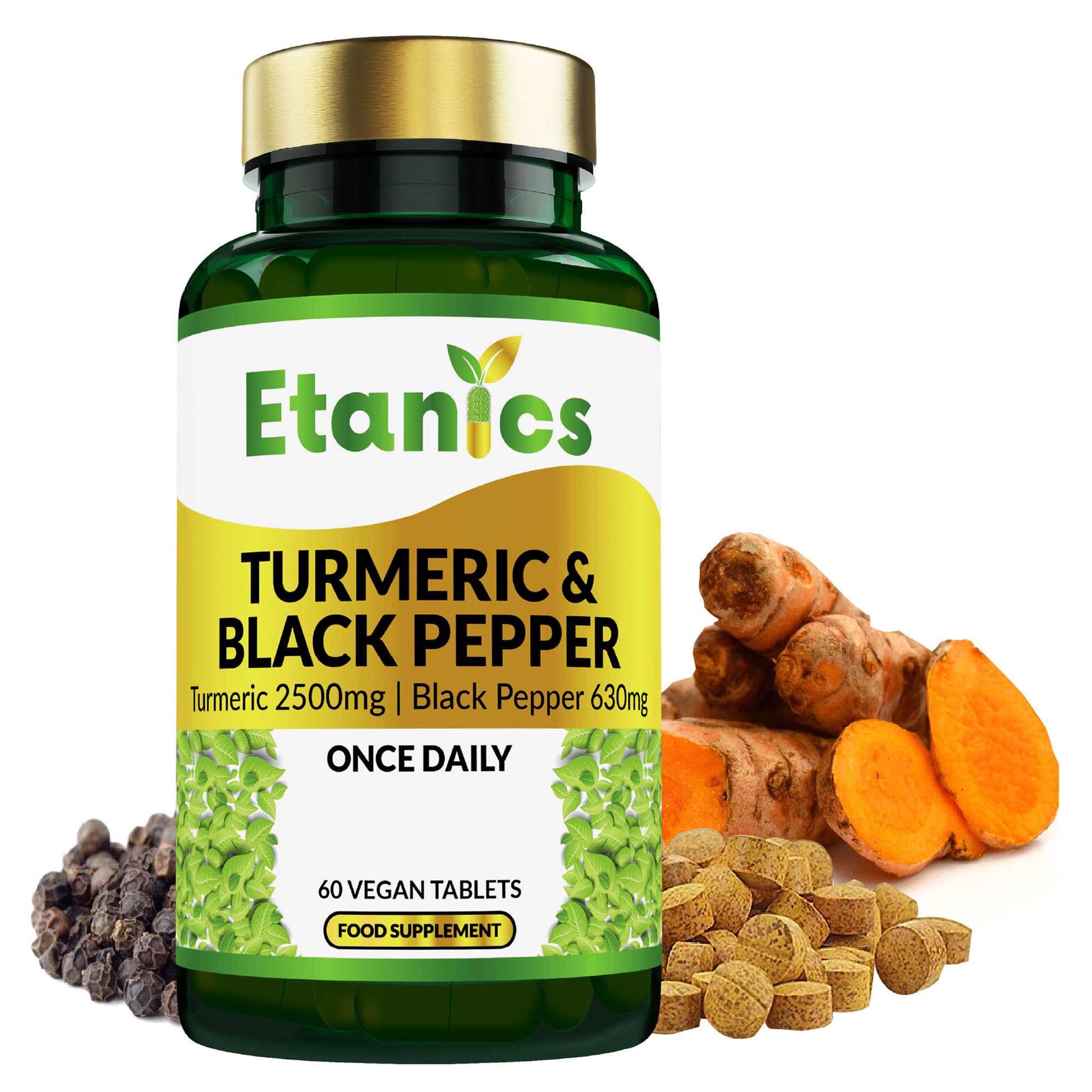 Etanics Turmeric and Black Pepper Supplement Front with Ingredients
