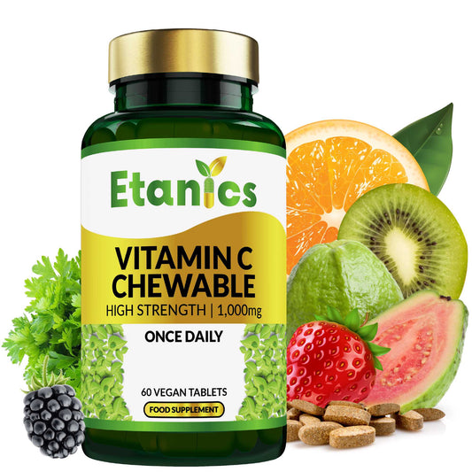 Etanics Vitamin C Chewable Supplement Front with Ingredients
