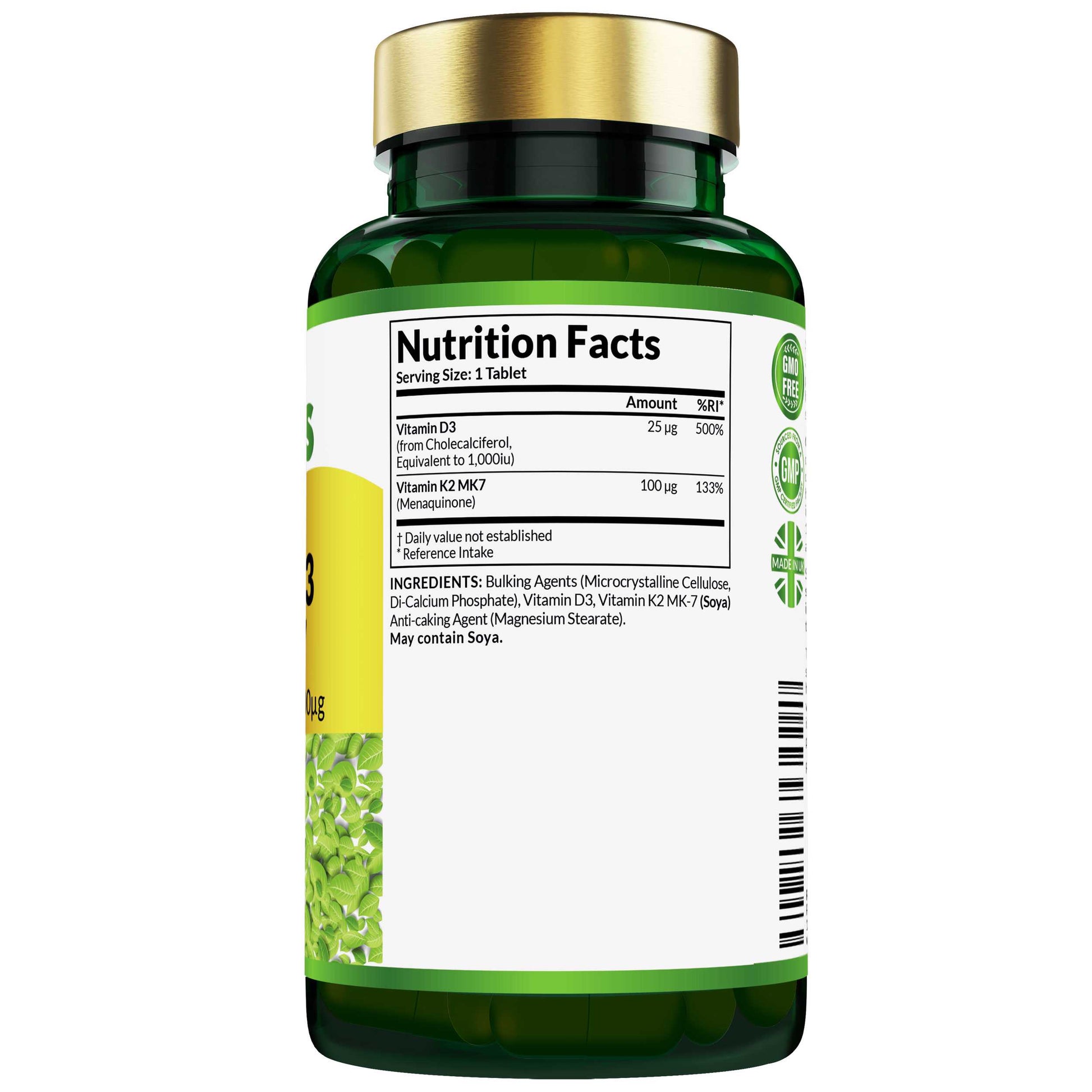 Etanics Vitamin D3 & K2 MK-7 Vegetarian Supplement Nutrition Facts