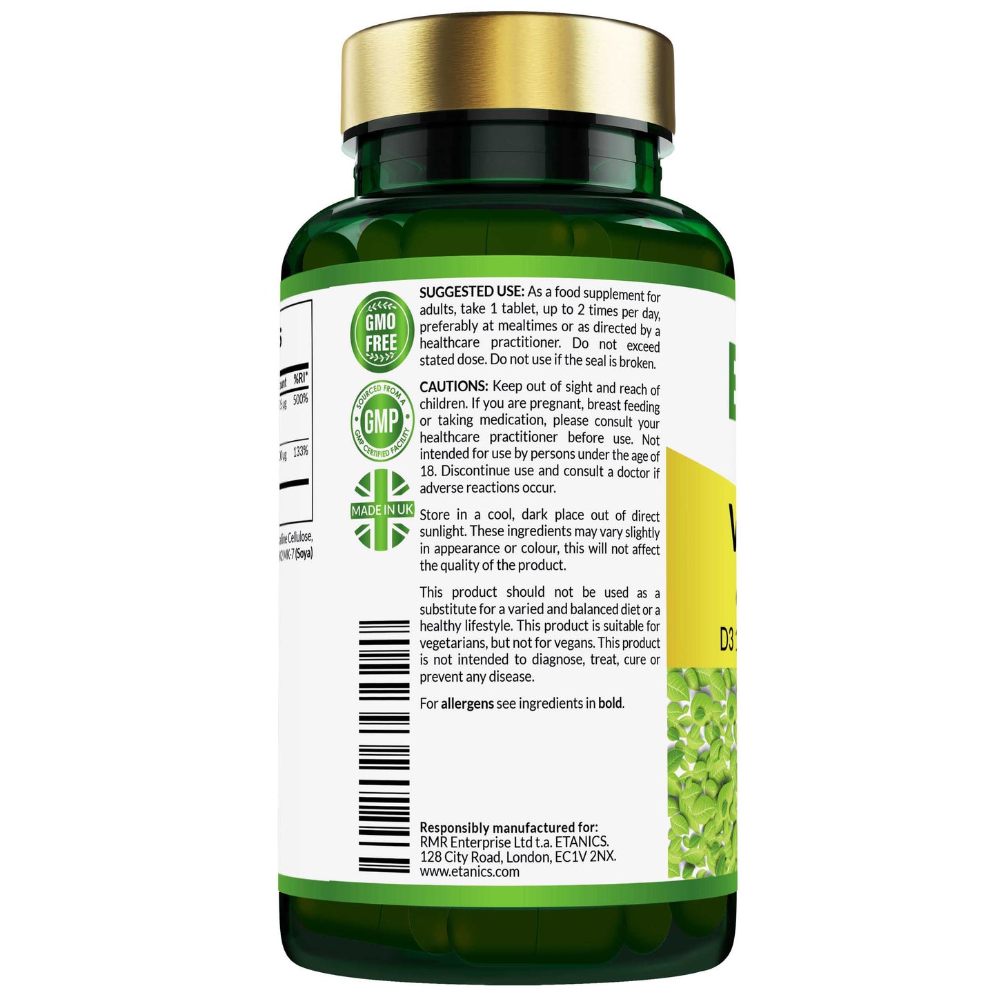 Etanics Vitamin D3 & K2 MK-7 Vegetarian Supplement Use and Ingredients