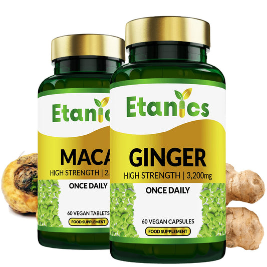 Etanics Ginger & Maca Bundle Vegan Supplements Front with Ingredients