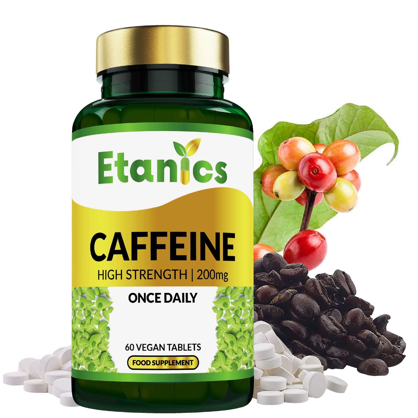 Etanics Caffeine Vegan Supplement Front with Ingredients
