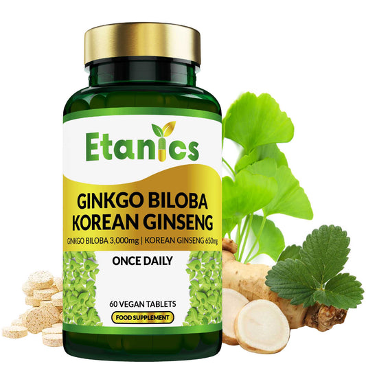 Etanics Ginkgo Biloba and Korean Ginseng Vegan Supplement Front with Ingredients