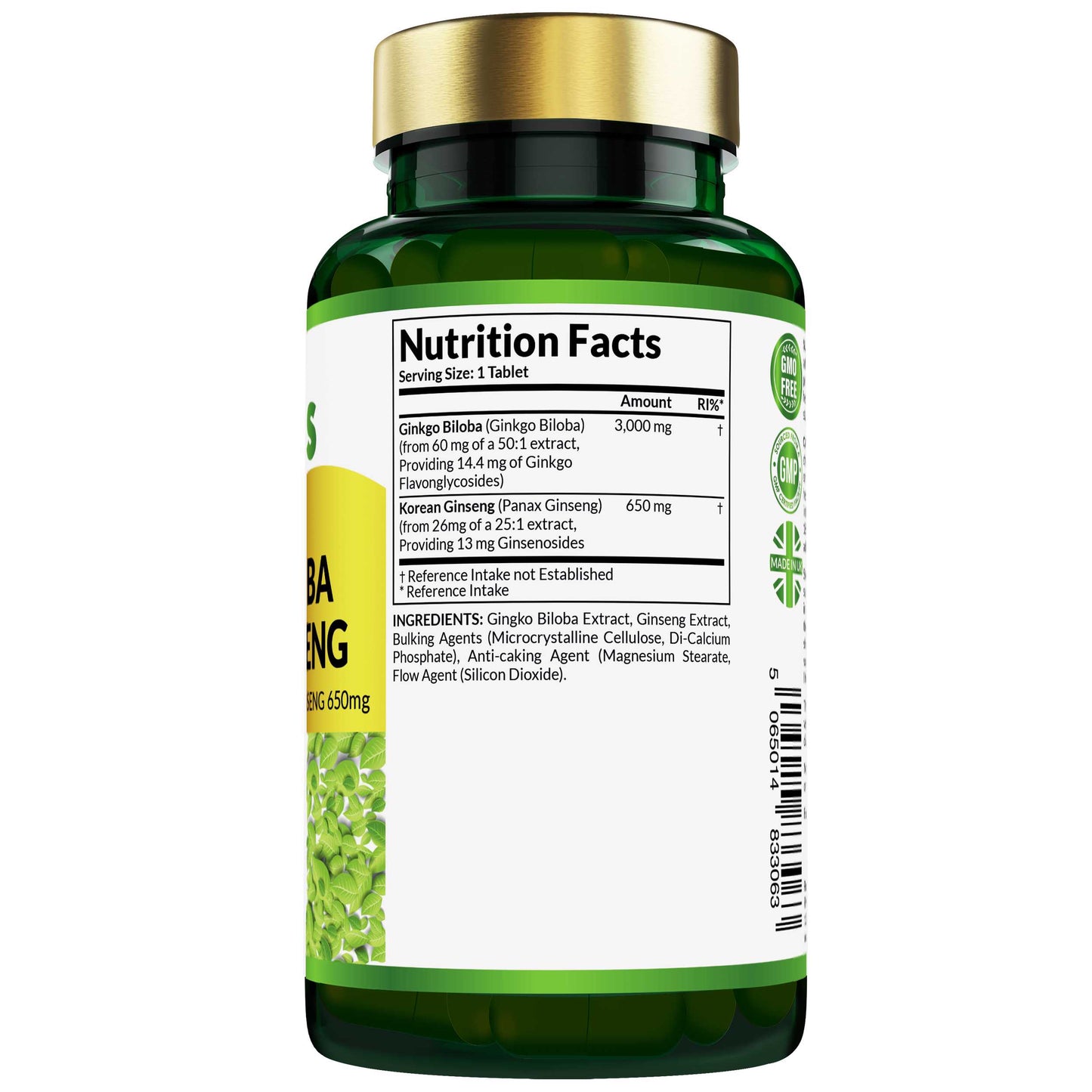 Etanics Ginkgo Biloba and Korean Ginseng Vegan Supplement Nutrition Facts