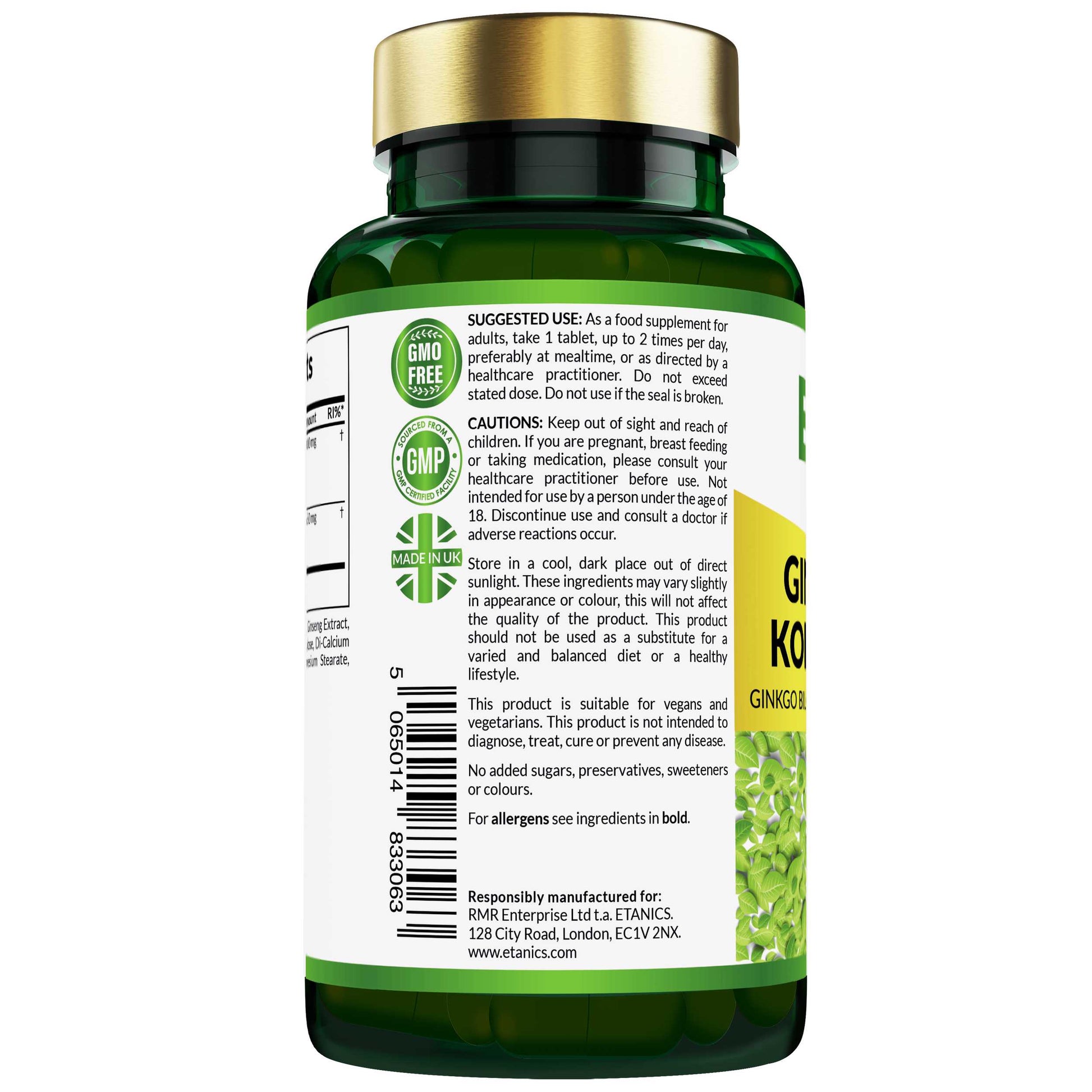 Etanics Ginkgo Biloba and Korean Ginseng Vegan Supplement Use and Ingredients