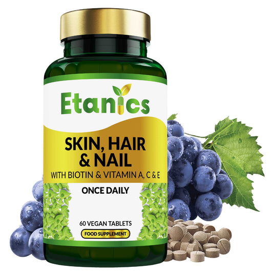 Etanics Skin, Hair and Nail Supplement Front with Ingredients
