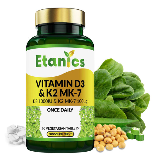 Etanics Vitamin D3 & K2 MK-7 Vegetarian Supplement Front with Ingredients
